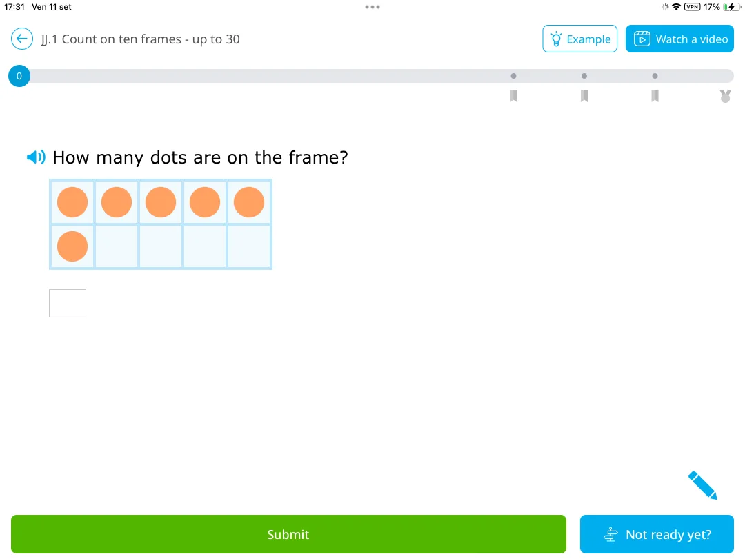 IXL Math: counting dots on a ten frame