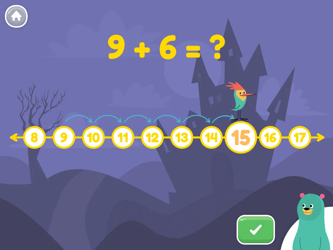 Khan Academy Kids: addition by counting on along a number line