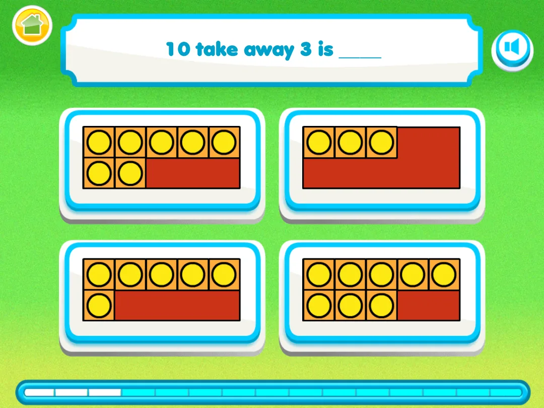 Mathseeds: 10 take away 3 on ten frames