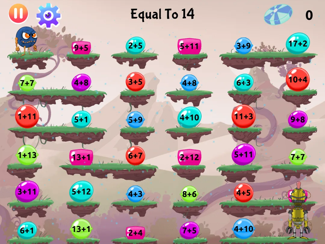 Monster Math game: addition within 20, find sums equal to 14