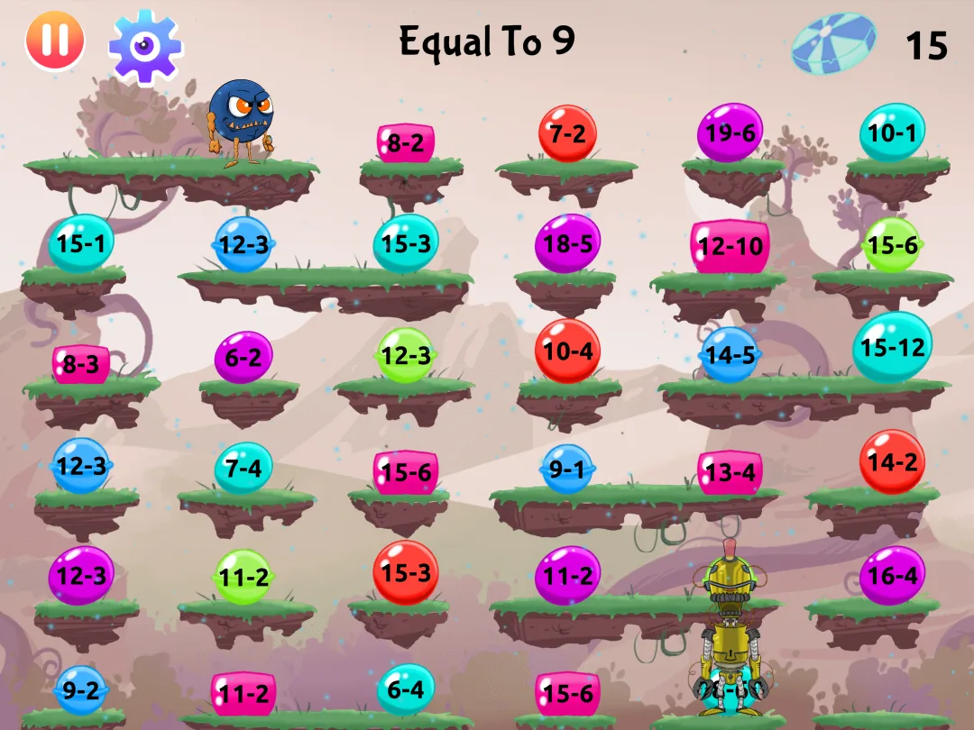 Monster Math game: subtraction within 20, find differences equal to 9
