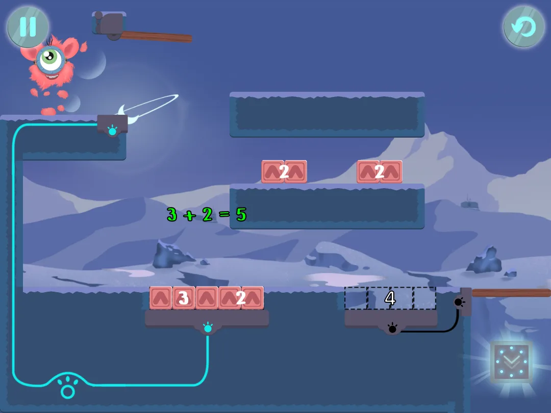 Monster Math game: adding 3 and 2 with number blocks