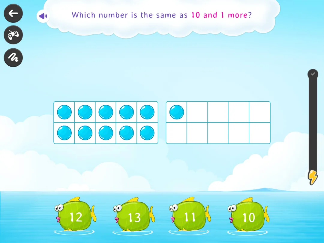 SplashLearn math game: 10 and 1 more on ten frames