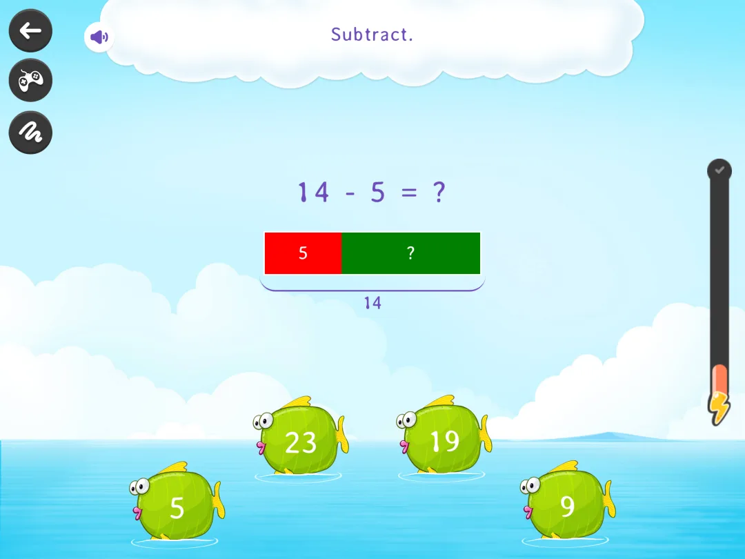 SplashLearn math game: subtraction within 20 with a bar model