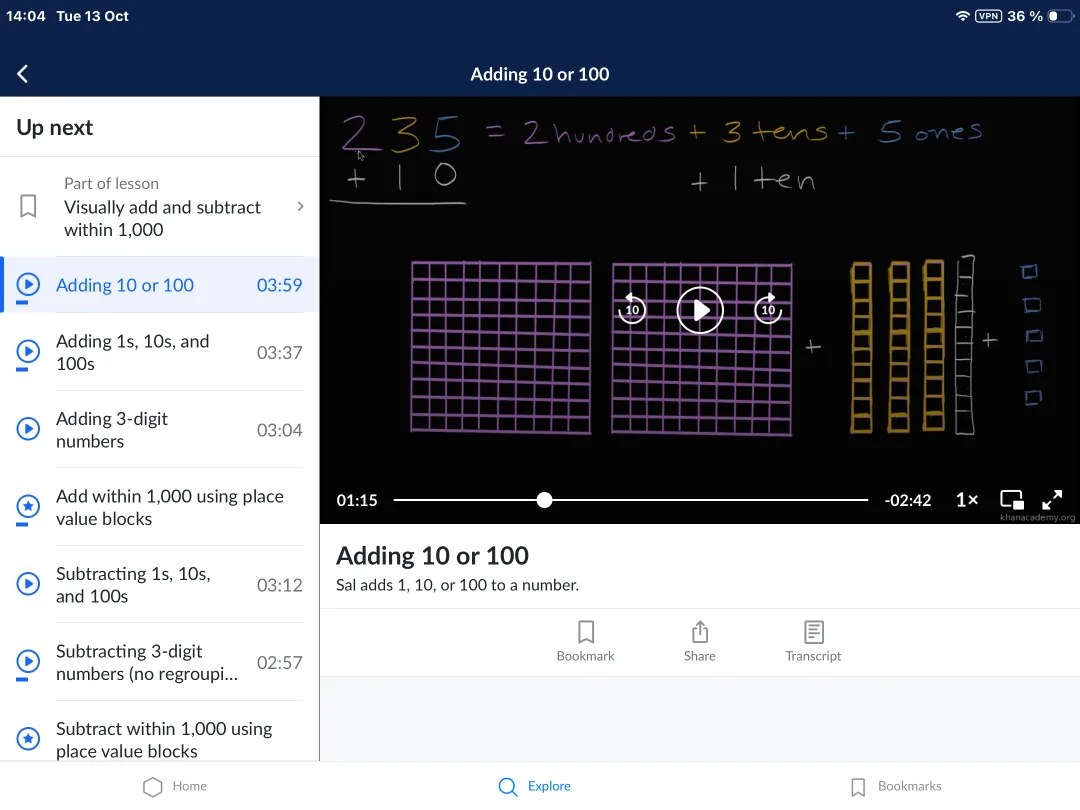 Khan Academy: a video lesson on adding 10 or 100