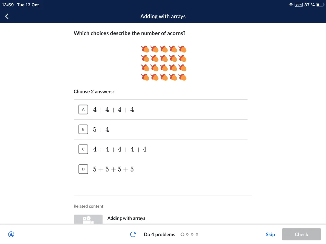 Khan Academy: adding with arrays as repeated addition