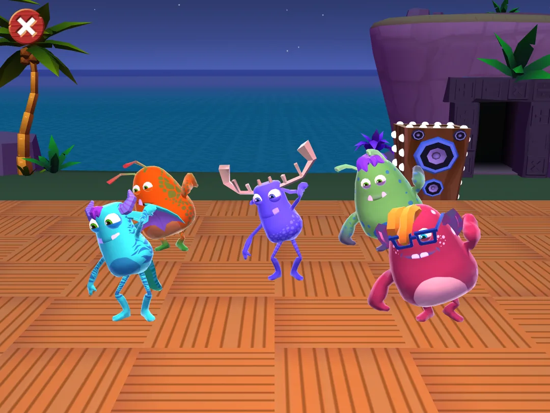 MathTango game: collected monsters dancing on the child's island
