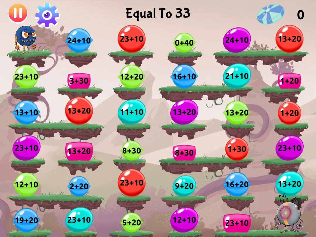 Monster Math game: addition within 100, find sums equal to 33