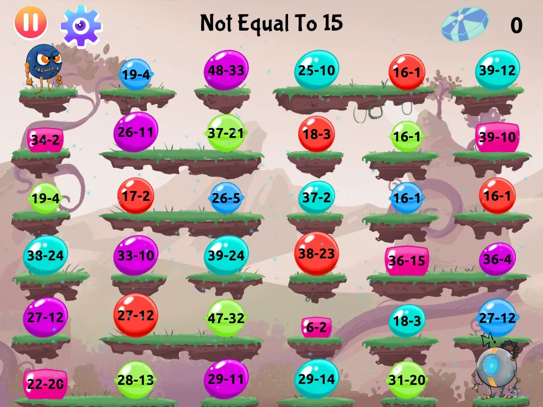 Monster Math game: subtraction within 100, find differences not equal to 15