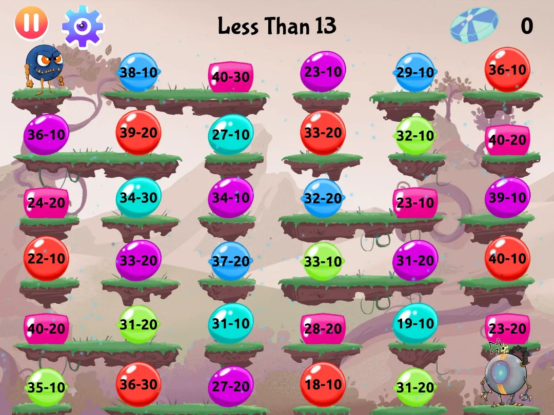 Monster Math game: subtracting tens, find differences less than 13