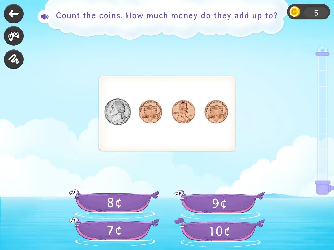 SplashLearn math game: counting coins in cents