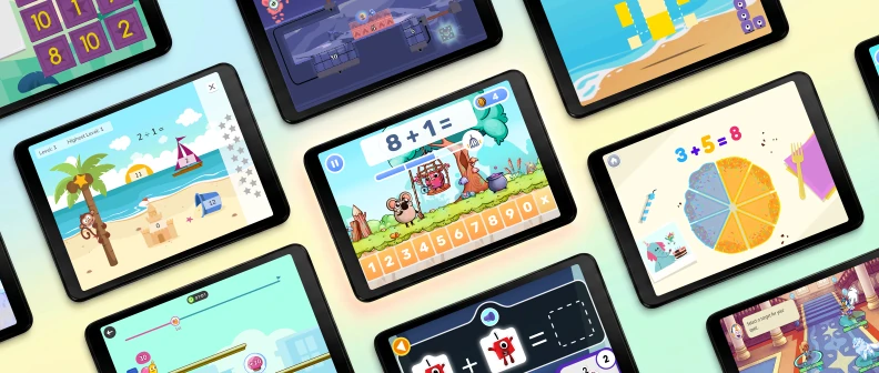 Tablets showing math apps for kids, with addition, fractions, number puzzles and colorful game characters.