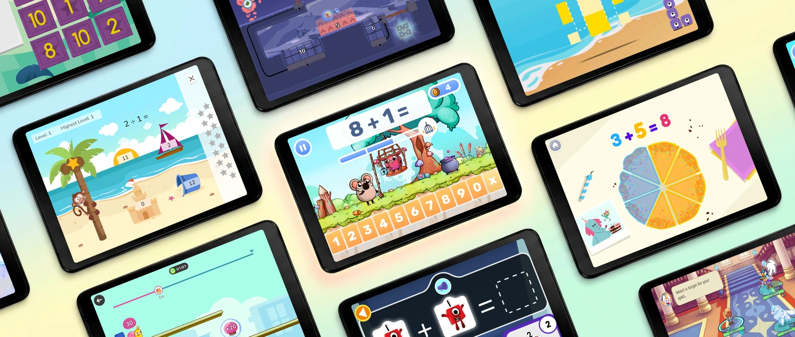 Tablets showing math apps for kids, with addition, fractions, number puzzles and colorful game characters.