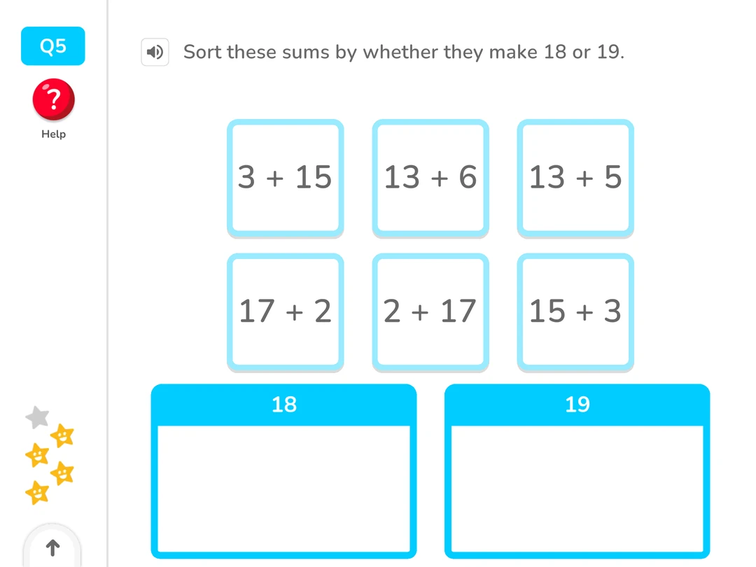 DoodleMaths: sort addition expressions into bins with totals of 18 and 19.