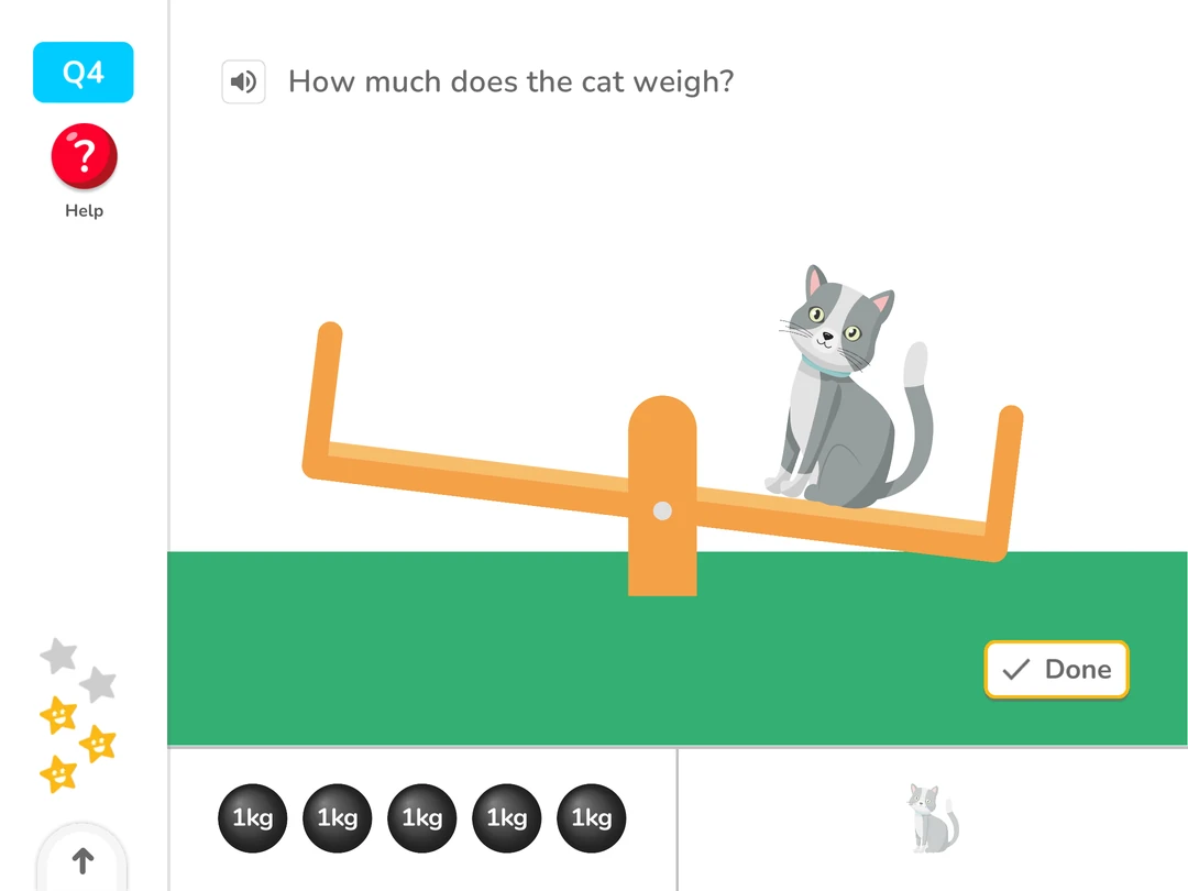 DoodleMaths: work out a cat’s weight using a balance scale and 1 kg weights.