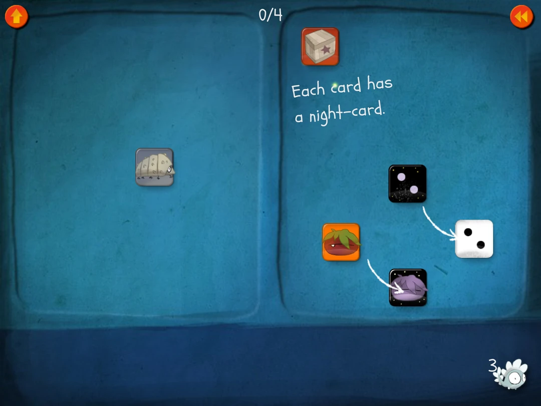 DragonBox Algebra game: a tutorial introduces matching day and night cards with white and black dots.