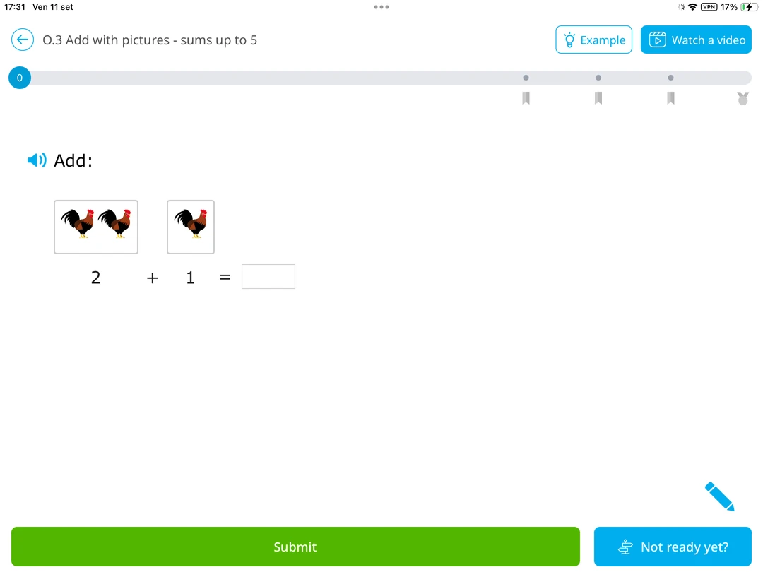 IXL Math: picture addition exercise showing 2 + 1 with groups of chickens.