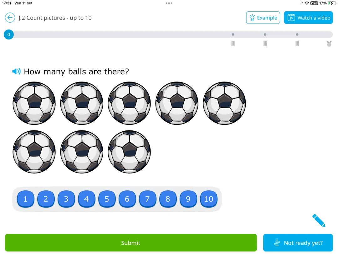 IXL Math: count seven soccer balls and choose an answer from the numbers 1 to 10.