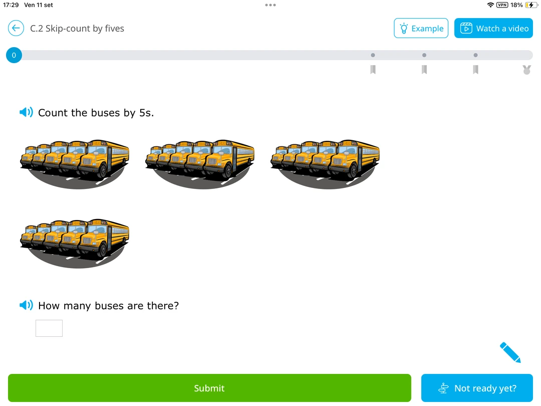 IXL Math: skip-count by fives using four groups of buses.