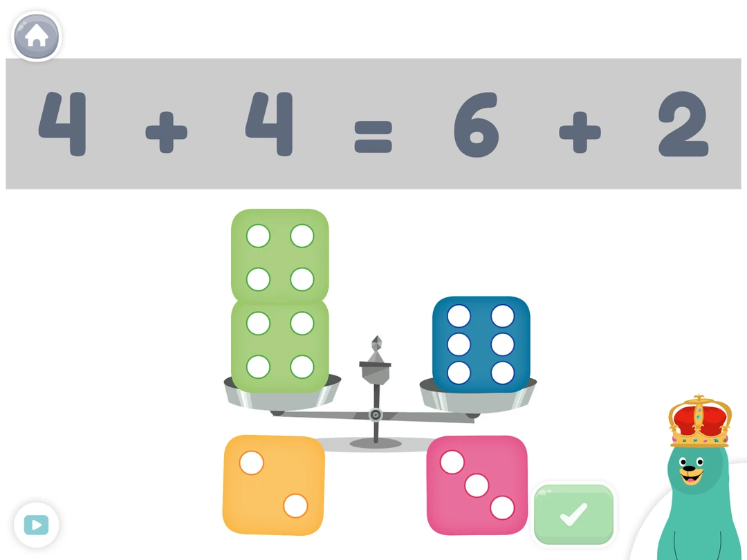 Khan Academy Kids: a balance scale and domino blocks illustrate 4 + 4 = 6 + 2.