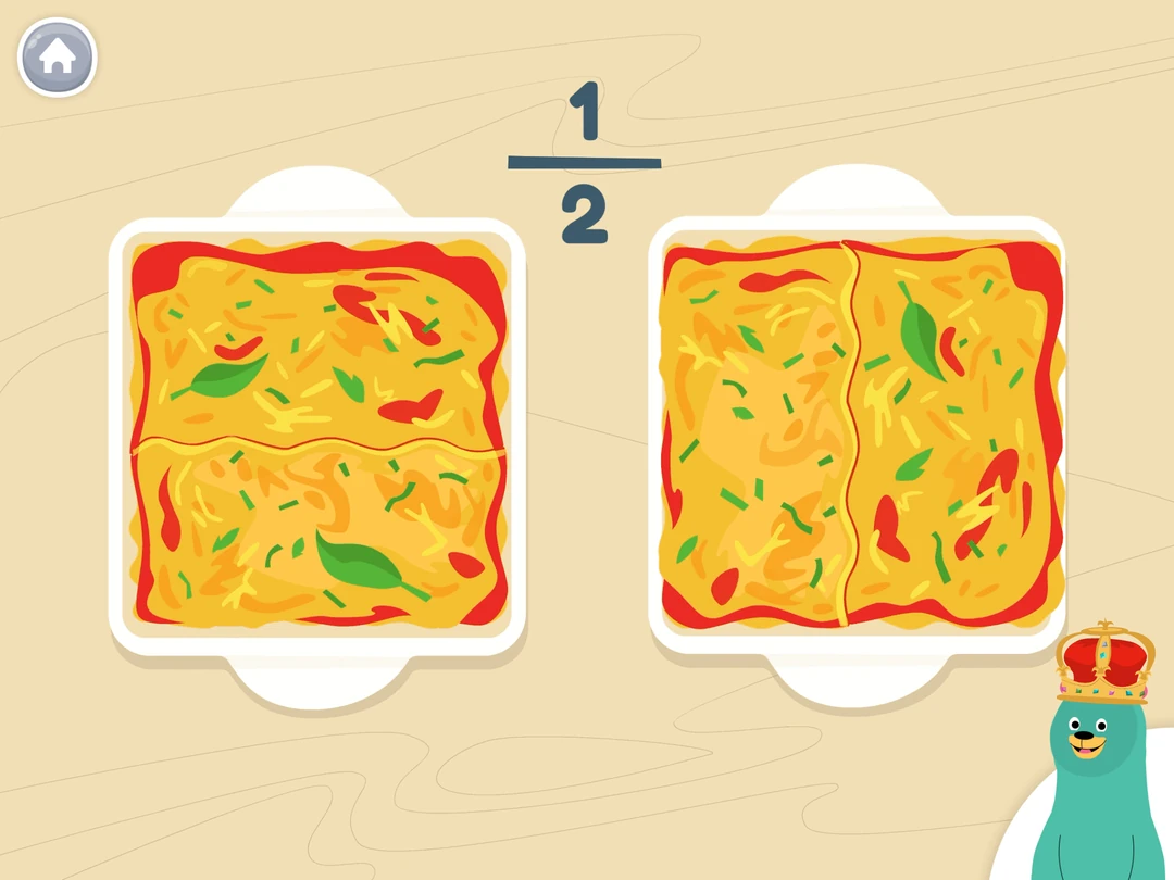 Khan Academy Kids: a fraction activity shows one half using two trays of food.
