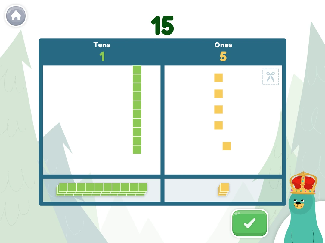 Khan Academy Kids: the number 15 represented by one ten and five ones in a place-value chart.