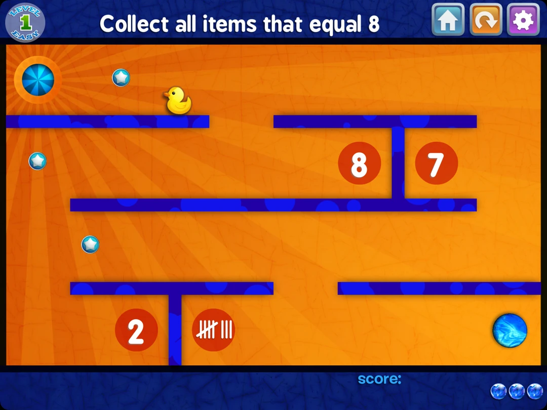 Marble Math Junior game: an orange maze asks children to collect all items equal to 8, including a numeral and tally marks.