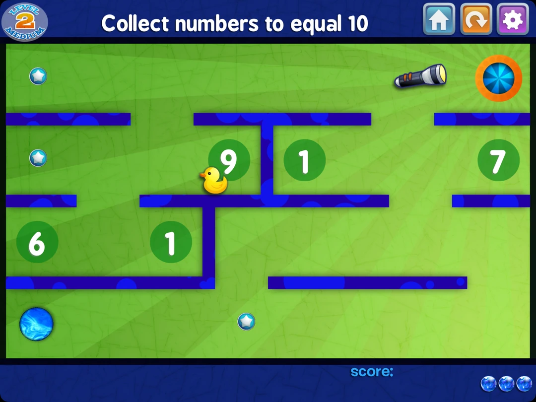Marble Math Junior game: a green maze asks children to collect numbers that add up to 10.