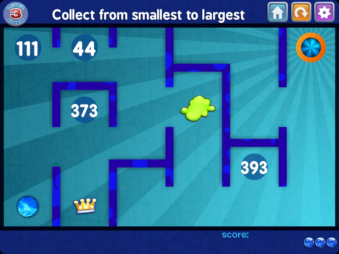 Marble Math Junior game: a blue maze asks children to collect 44, 111, 373 and 393 from smallest to largest.