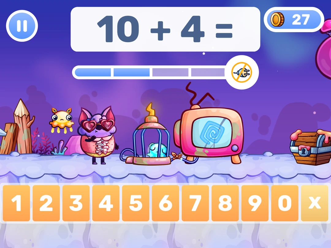 MathHero math game: solve 10 + 4 using a number keypad during a snowy adventure.