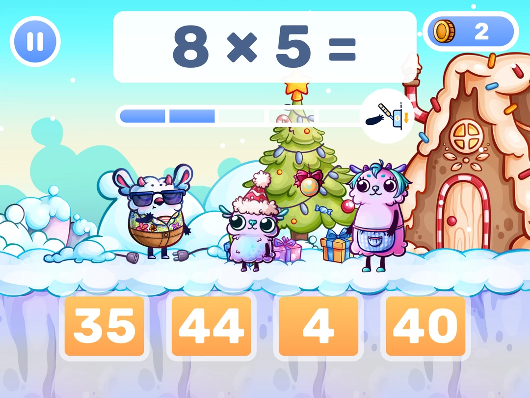MathHero multiplication game: choose the answer to 8 × 5 in a candy-themed world.