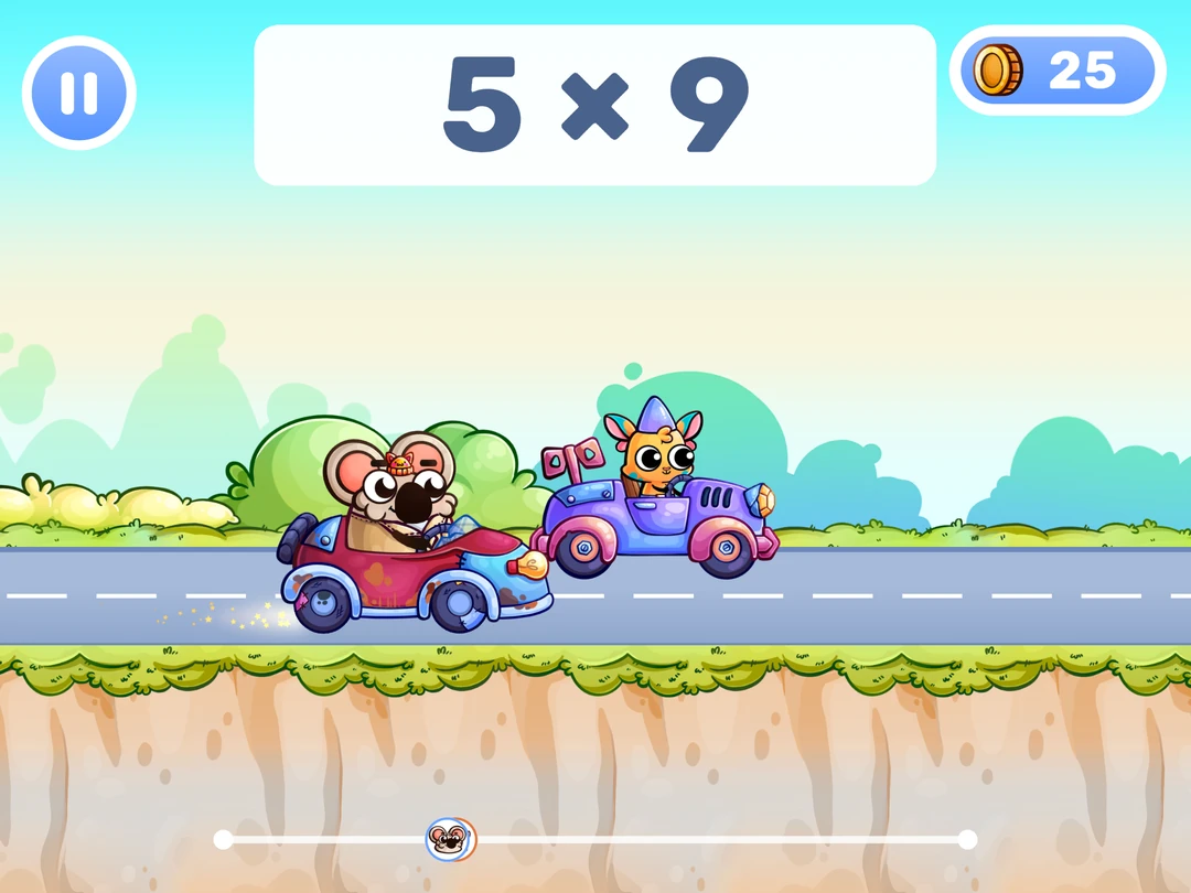 MathHero racing game: solve 5 × 9 as cartoon characters race in cars.