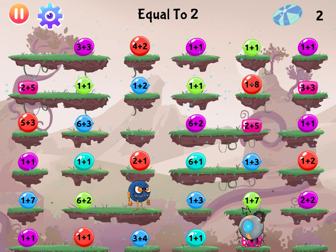 Monster Math game: find addition expressions equal to 2 on colorful platforms.