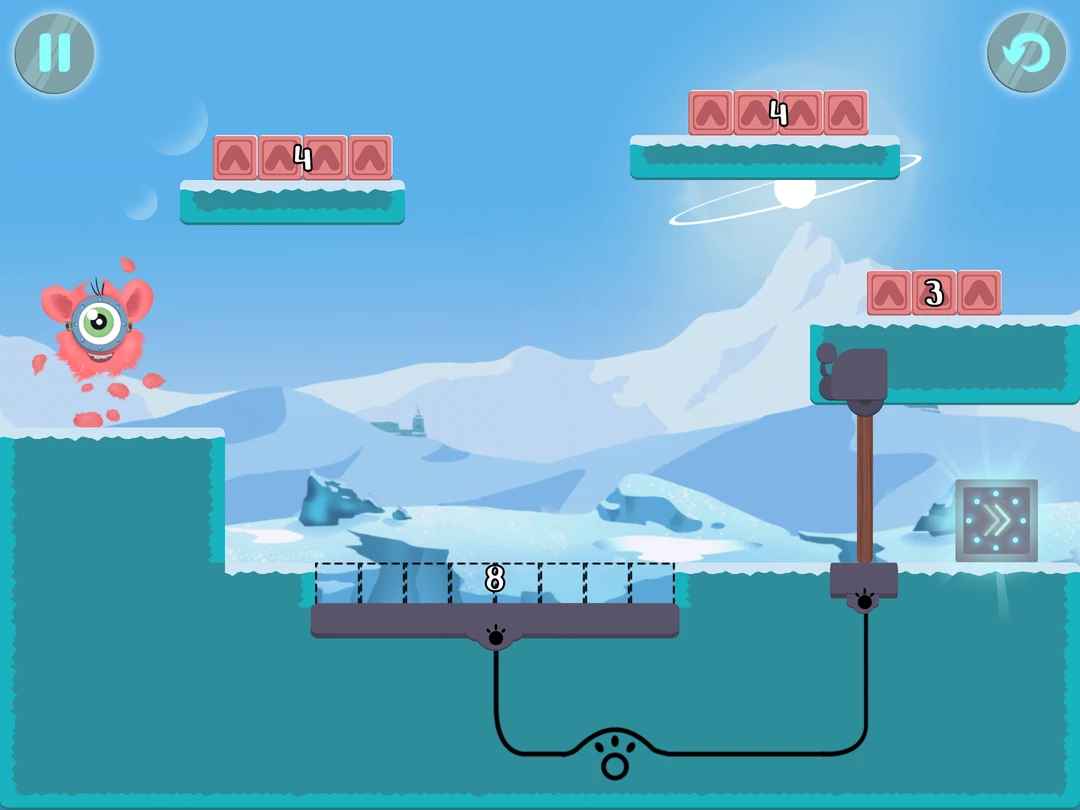 Monster Math game: use numbered blocks to build a bridge with a sum of 8.