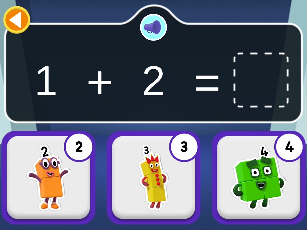 Numberblocks World: solve 1 + 2 by choosing between Numberblocks Two, Three and Four.