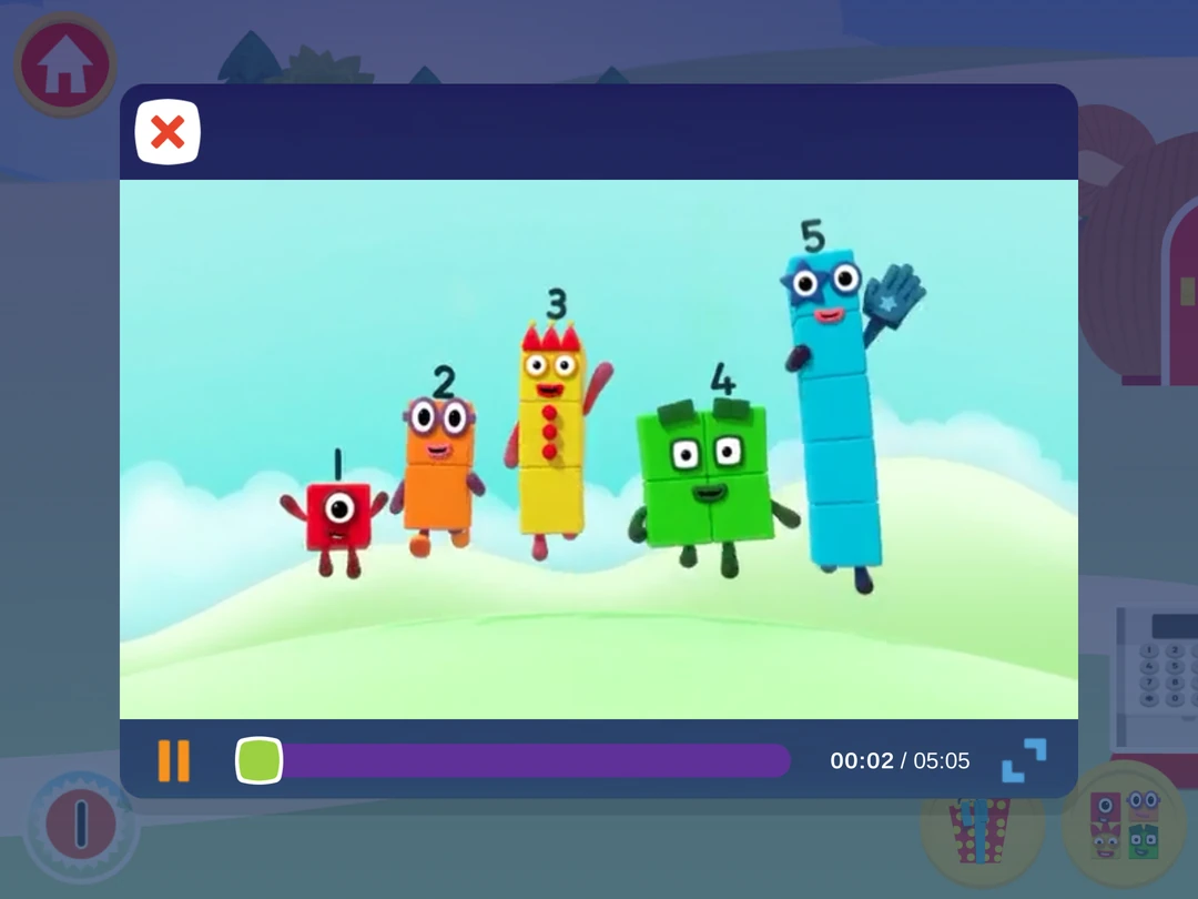 Numberblocks World: the in-app video player shows Numberblocks One through Five.