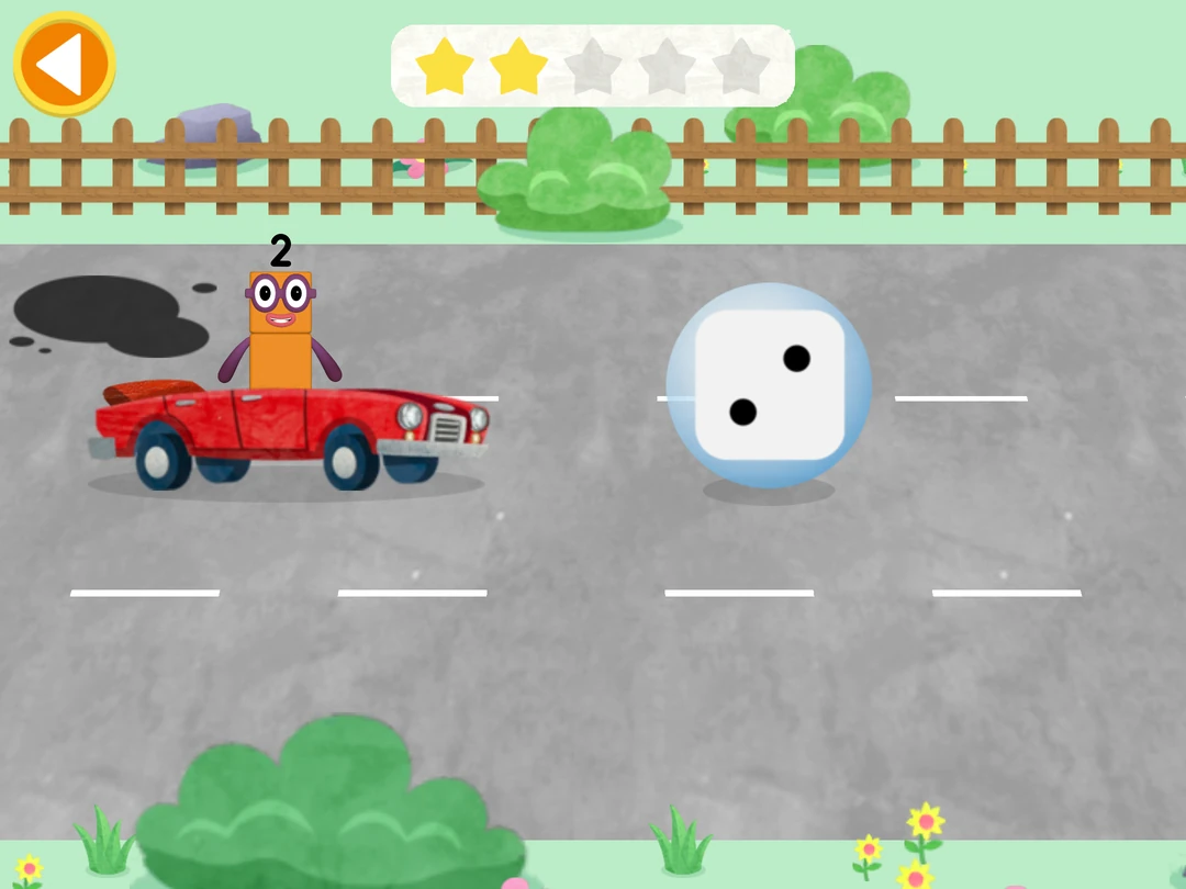 Numberblocks World game: Numberblock Two drives a car beside a die showing two dots.