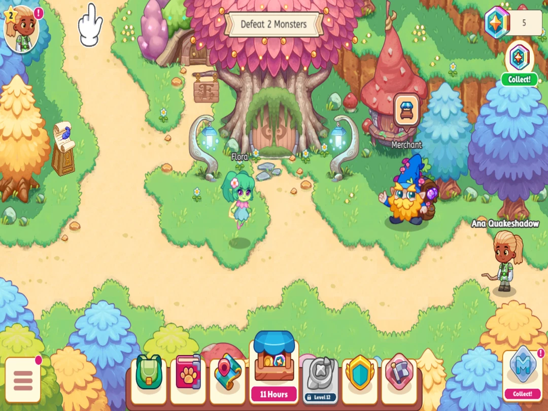 Prodigy Math game: characters explore a colorful forest village with quests and rewards.