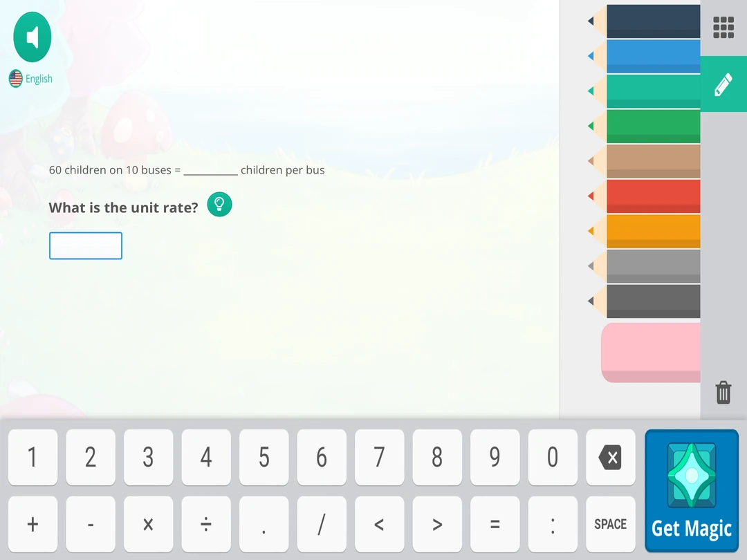 Prodigy Math game: a unit-rate problem asks how many children ride each bus when 60 children share 10 buses.