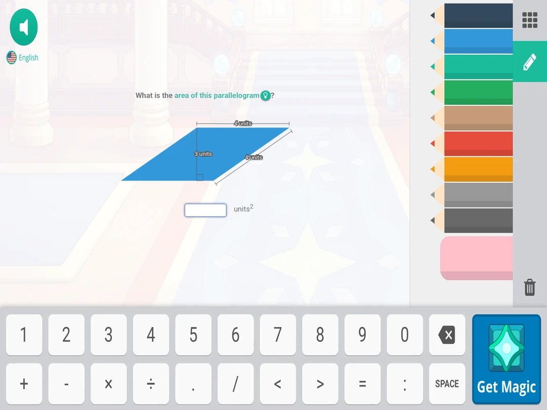 Prodigy Math game: find the area of a blue parallelogram with labeled dimensions.