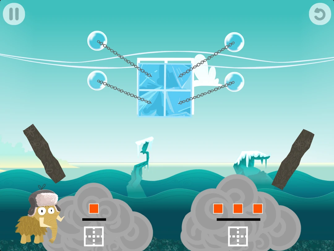 Slice Fractions game: an ice block divided into four equal parts hangs from bubbles above two fraction diagrams and a mammoth.