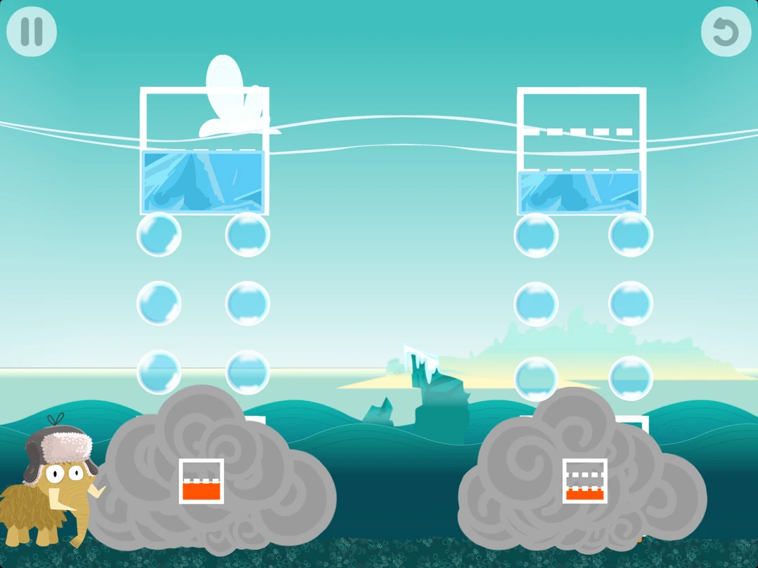 Slice Fractions game: ice blocks show one half and one third above bubbles and matching lava targets.