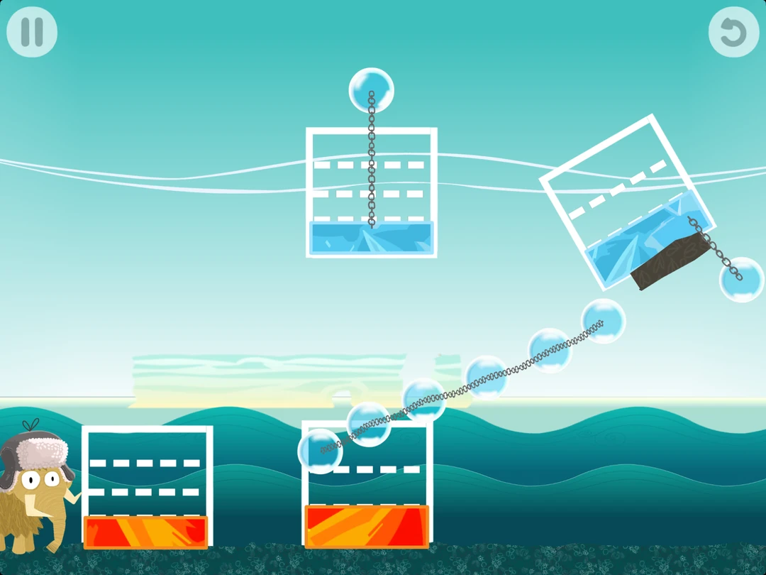 Slice Fractions game: ice and lava blocks are divided into equal parts, with chains of bubbles suspending the ice above the mammoth’s path.