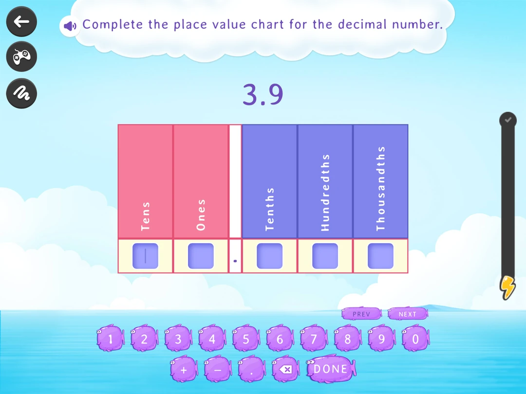 SplashLearn math game: enter the decimal 3.9 in a place-value chart.