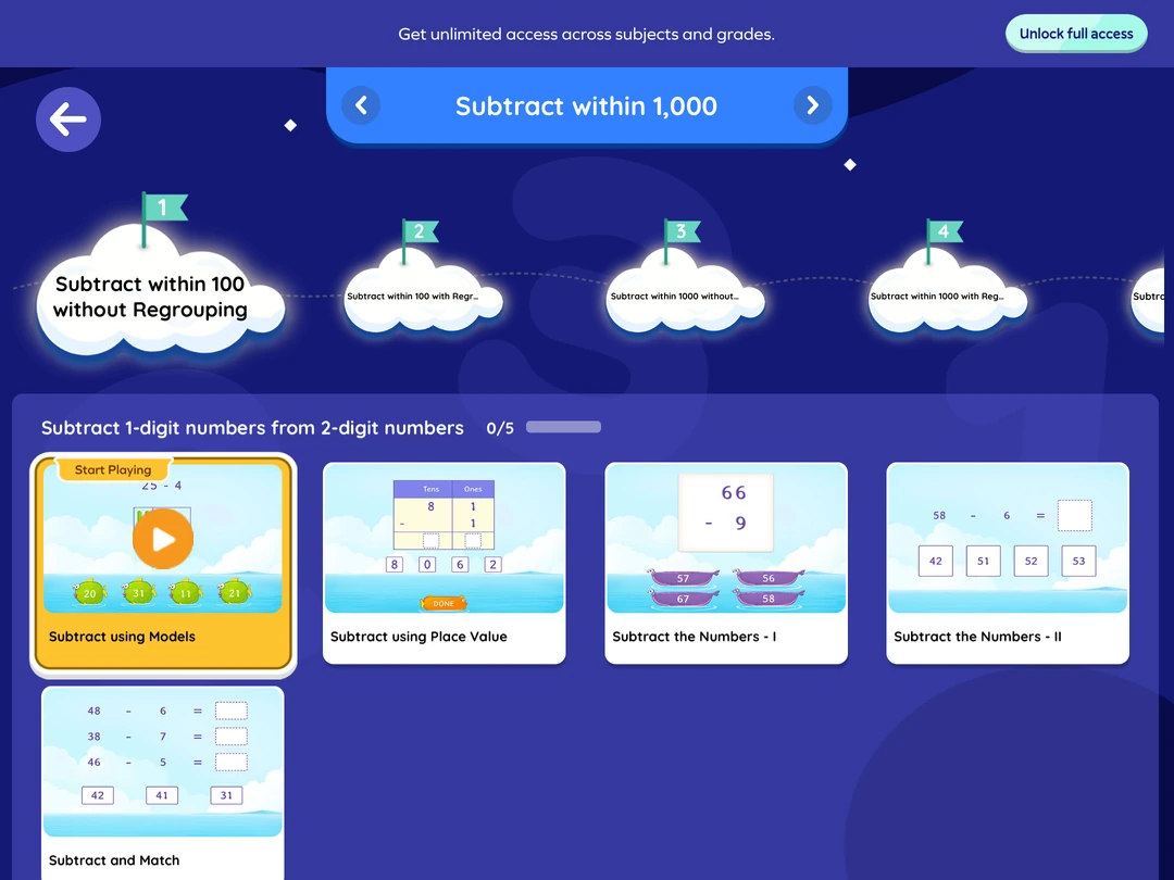 SplashLearn activity library: a selection of subtraction games under Subtract within 1,000.