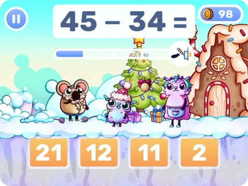 Gameplay screen showing advanced subtraction problem 73 - 18 =