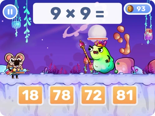 Gameplay screen showing multiplication problem 9 x 9 =