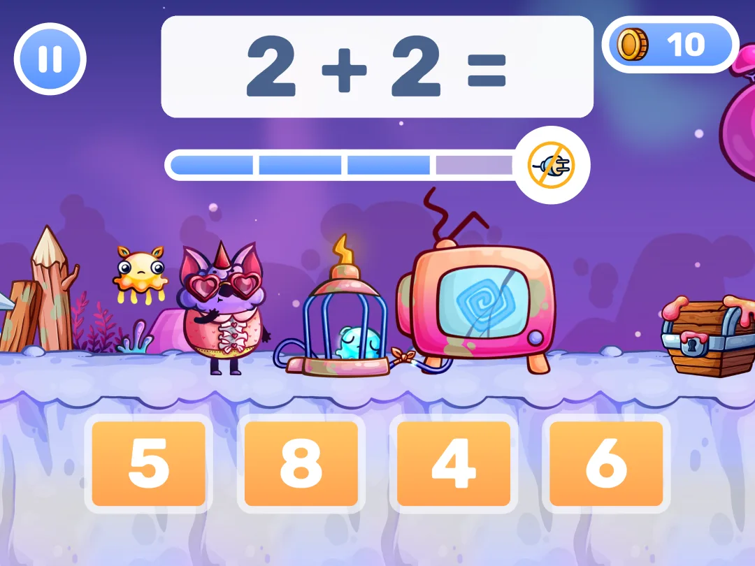 MathHero gameplay: answering 2 + 2 from four choices to help free a friend from a cage.