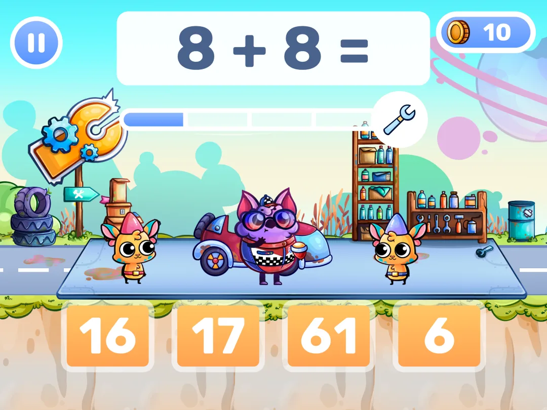 MathHero gameplay: the player answers 8 + 8 from four choices, and each correct answer fills the bar to fix a race car in the garage.