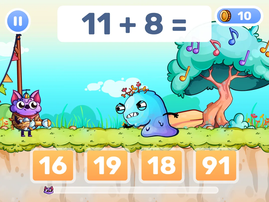 MathHero gameplay: answering 11 + 8 before a slime monster reaches the hero.
